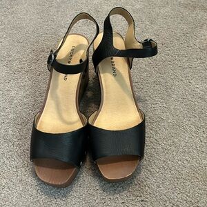 Lucky Brand Black and Tan Slingback Wedge Sandals